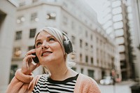 Woman talking on a phone in London 