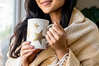 Woman holding mug mockup png, transparent cup