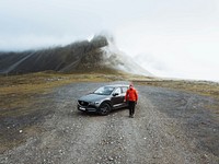 Drone shot of a gray Mazda CX-5 at Stokksnes, Southeast Iceland