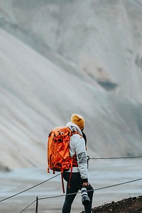 Female photographer at Landmannalaugar in the Fjallabak Nature Reserve, the Highlands of Iceland