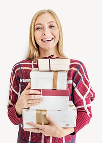 Woman carrying gift boxes isolated image psd