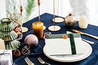 Closeup of a Christmas dining table setting