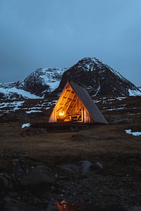 Fire pit in a wooden hut on Lofoten island, Norway