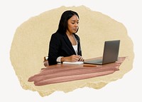 Businesswoman working on laptop, ripped paper collage element