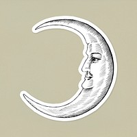Hand drawn crescent moon with face sticker with a white border
