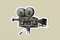 Hand drawn vintage movie camera sticker with a white border