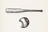 Hand drawn baseball bat and ball sticker on cream background