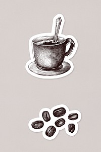 Hand drawn coffee and coffee bean sticker on brown background