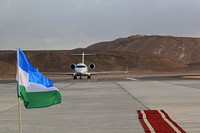 A plane taxis towards the terminal building on its inaugural flight to the newly opened Bossaso International Airport in Puntland, Somalia on 8 January, 2016.