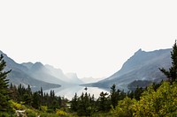 Pine forest lake border, side mountains image psd