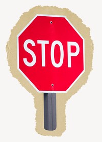 Stop sign, road and traffic symbol, ripped paper design