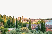 Autumn Europe cityscape border, pine forest image psd