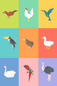 Colorful birds origami craft psd cut out set