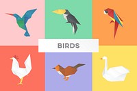 Birds paper craft psd illustration side view collection