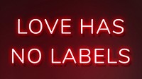 LOVE HAS NO LABELS neon quote typography on a red background