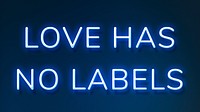 LOVE HAS NO LABELS neon quote typography on a blue background
