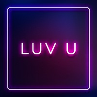 Glowing luv u neon typography on a purple background