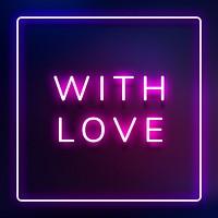 Glowing with love neon typography on a dark purple background