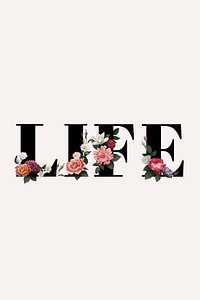 Floral life word typography on a beige banner