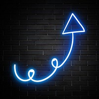 Neon blue swirl arrow sign on brick wall