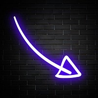 Neon purple curved arrow sign on brick wall