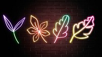 Neon sign leaves glowing botanical doodle set