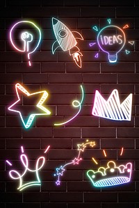 Colorful neon glow doodle psd collection