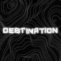 White neon destination word topographic typography on a black background