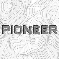 Dark gray pioneer word typography on a white topographic background