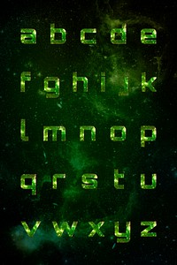 Alphabet set psd typography on green galaxy background