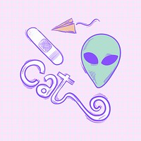 Psd alien funky doodle cartoon teen sticker set
