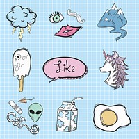 Psd funky doodle cartoon teen sticker set