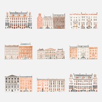 European old building vector hand drawn illustration set