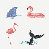 Marine life and flamingo psd cartoon design elements set