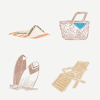 Picnic by the beach vector cute linocut design elements collection