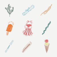 Summer beach linocut vector cute design elements collection