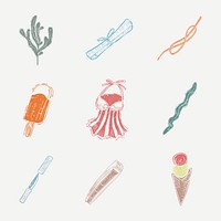 Summer beach linocut psd cute design elements set