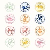 Chinese horoscope animals badges psd colorful new year design element set