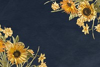 Floral navy blue border with watercolor hand painted sunflower