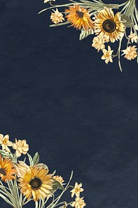 Floral border vector with watercolor sunflower on navy blue background