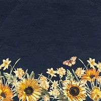 Floral navy blue background vector with watercolor sunflower and butterfly