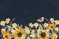 Floral navy blue background vector with watercolor sunflower and butterfly