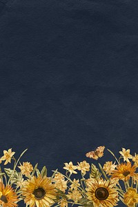 Floral navy blue background with watercolor hand painted sunflower and butterfly
