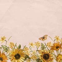 Floral pink background with watercolor hand painted sunflower and butterfly