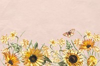 Floral pink background vector with watercolor sunflower and butterfly