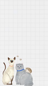 Cute cats background in watercolor drawing style with grid pattern