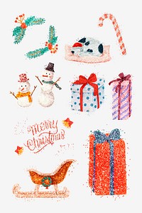 Christmas glitter illustration psd hand drawn set