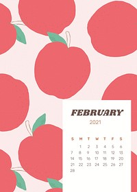 Calendar 2021 February printable vector template with cute fruit background