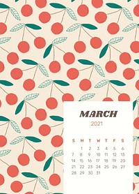 Calendar 2021 March printable psd template cute fruit background