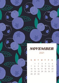 Calendar 2021 November printable vector with cute blueberry background